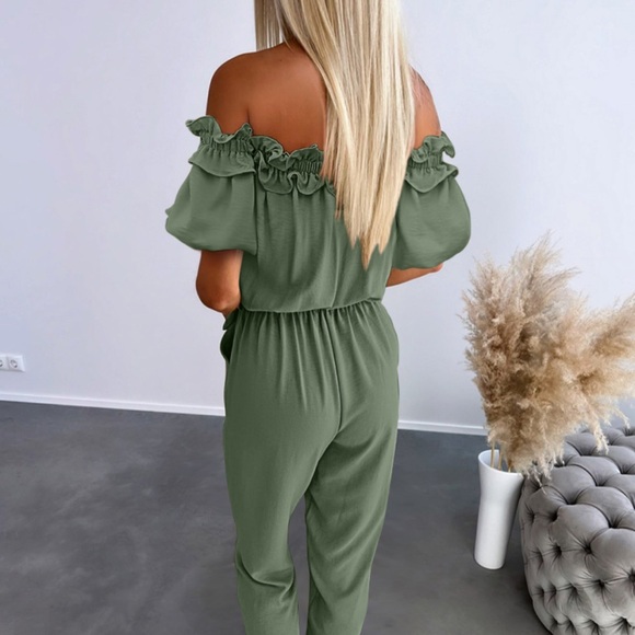 Chic Olive Off-Shoulder Jumpsuit - Picture 2 of 5